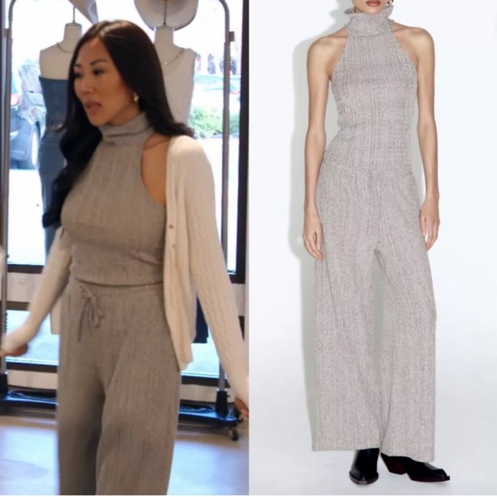 Zara two piece set gray drawstring pants halter top knit like sz Medium